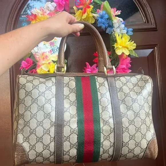 Authentic Gucci Sherry Line Boston Bag – Vintage GG Monogram Canvas Satchel - Picture 1 of 16